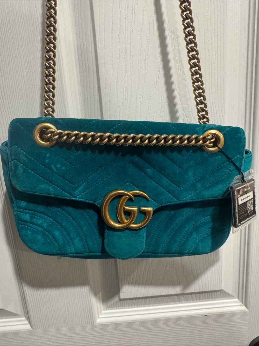 Gucci Teal Velvet Double G Marmont  Bag